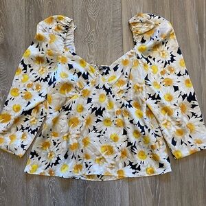 Zara White Daisy Floral Floral Satin Style Blouse